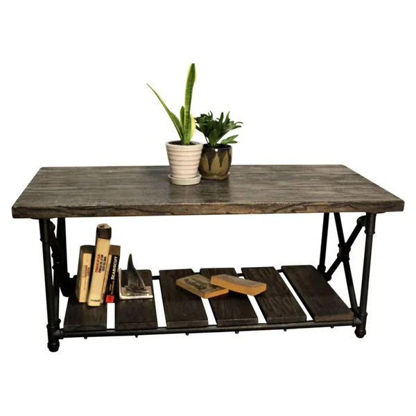 Furniture Pipeline Houston Industrial Chic Coffee Table, Black Steel with Dark Brown Stained Wood