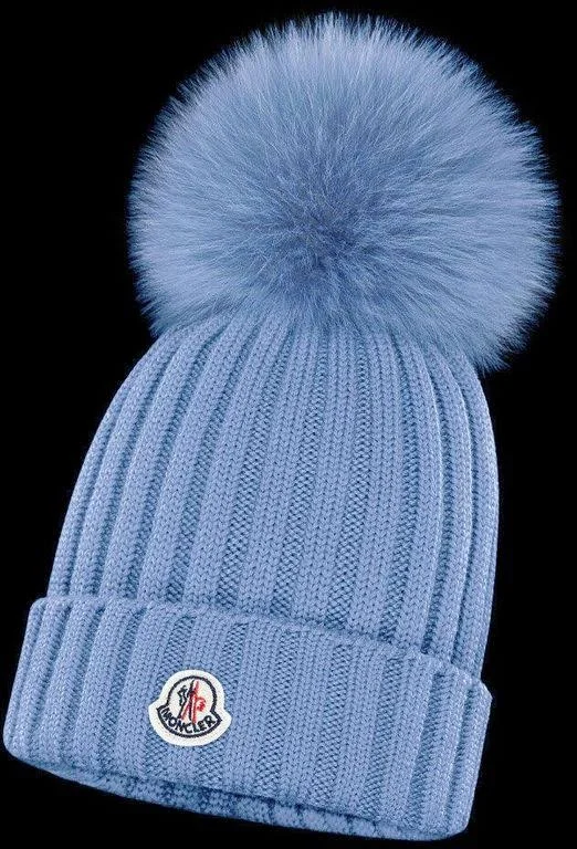 Moncler Blue Fur Pom Pom Beanie