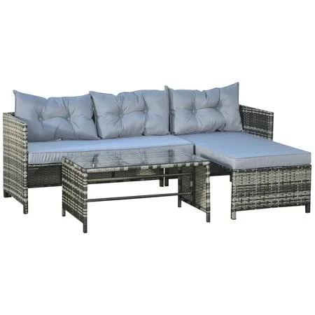 Outsunny 3-Piece Rattan Patio Furniture Sofa Set Conversation Set - Sectional Lounge Chaise Cushioned for Garden Poolside or Porc