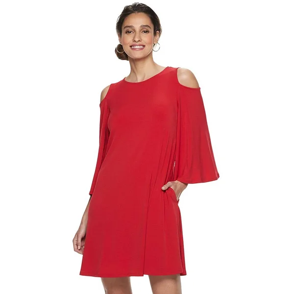 Women's Nina Leonard Draped Sleeve Cold-Shoulder Dress - Size: Small, Red