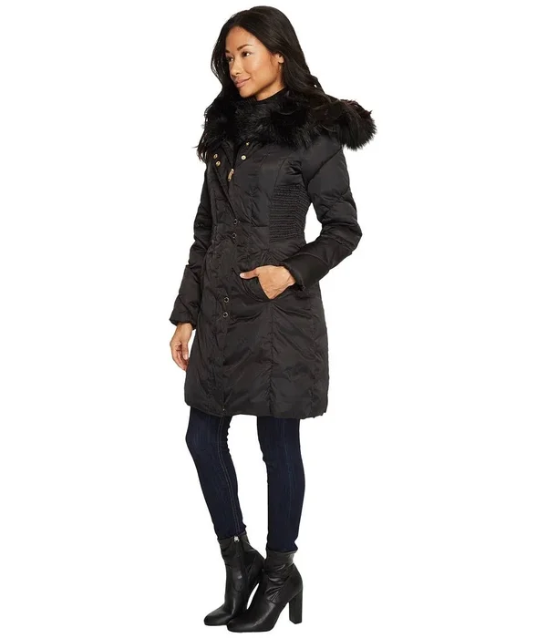 Via Spiga Womens Winter Faux Fur Parka Coat, Black