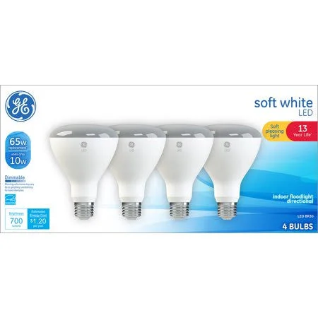 GE LED 10W (65w Equivalent) Soft White - BR30 Indoor Flood Light Bulbs, Medium Base, Dimmable, 4 Count - 2 Pack
