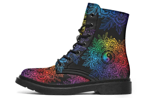 Colorful Yin Yang Boots, Black Mandala Vegan Boots, YesWeVibe Men's Boots, Black Sole, US 12, EU46
