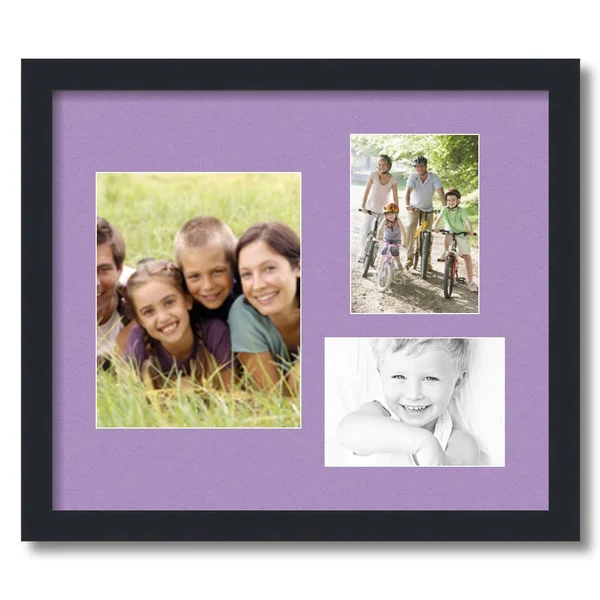 Collage Picture Frame, Satin Black Frame with 3 openings for 8x10 Photos with Pink Lavender Mist Mat. D3926FU225, ArtToFrames