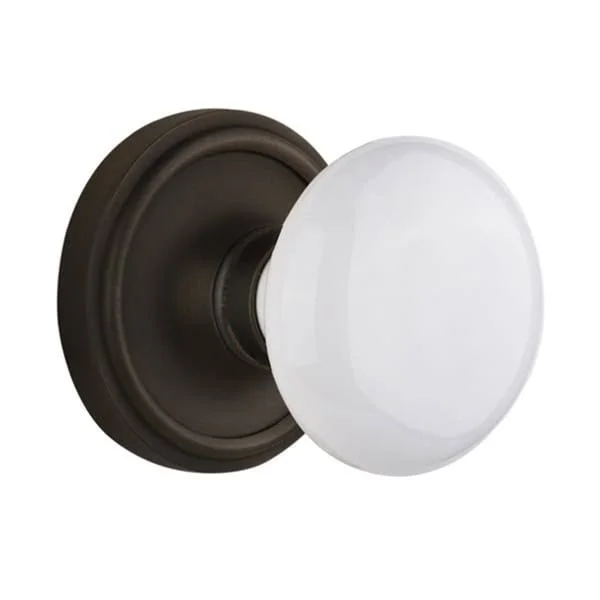 Nostalgic Warehouse 704847 Classic Rosette Single Dummy White Porcelain Door Knob, Oil-Rubbed Bronze