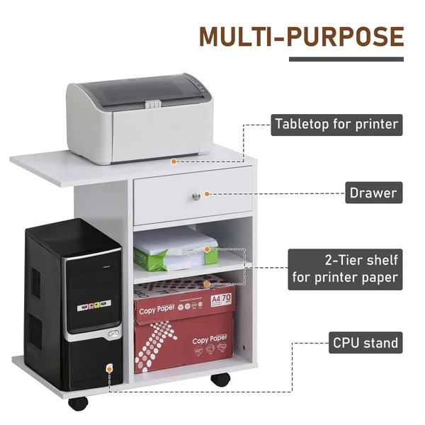 Vinsetto Printer Table Desk - Rolling Cart Stand with Wheels, Adjustable Shelf, Drawer and CPU Stand - Black