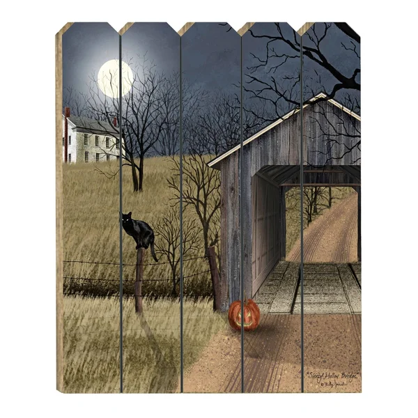 Sleepy Hollow Bridge by Billy Jacobs Printed on Wood Picket Fence Wall Art- Blue