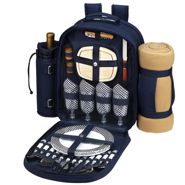 Picnic at Ascot 4 Person Picnic Backpack with Blanket - Navy/Chevron