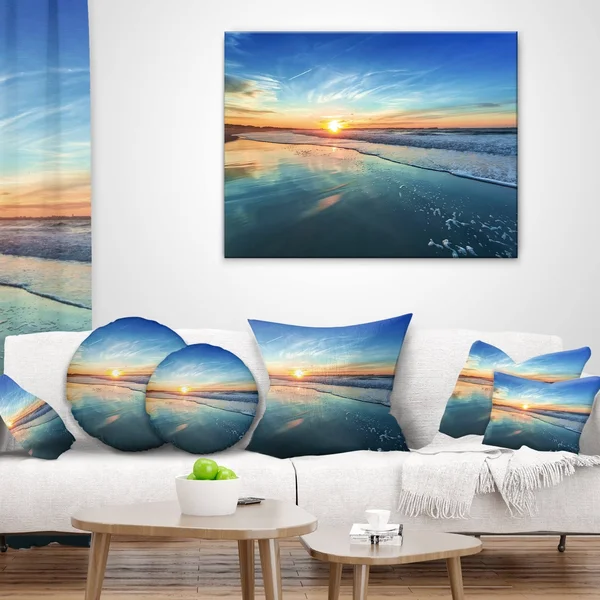 Designart &Blue Seashore with Distant Sunset & Seascape Canvas Art Print - Size: 60 inch x 28 inch