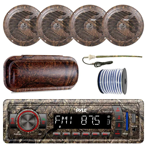 Pyle Marine Single-DIN Bluetooth MP3 USB AUX Camo Am/fm Radio, 4X Pyle 6.5&& Waterproof Camo Speakers, Stereo Shield COVER, Enro