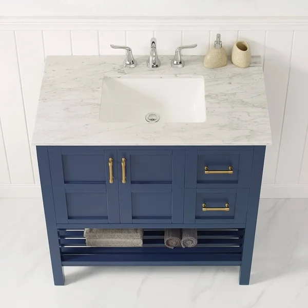 Roswell Florence 36 in. Bath Vanity in Blue with Marble Vanity Top in White with White Basin