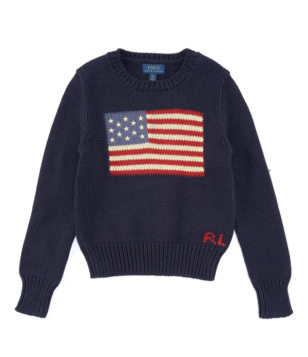 Ralph Lauren Girls 7-16 Flag Cotton Crewneck Sweater - Hunter Navy, XL