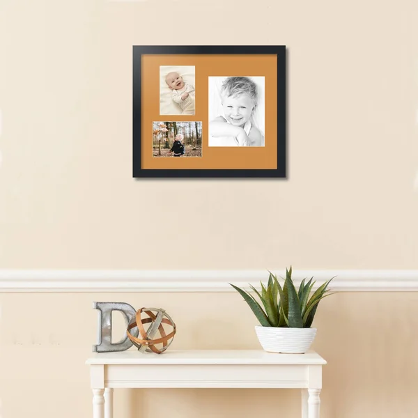 Collage Picture Frame - Satin Black Frame with 3 openings for 8x10 Photos with Yellow Amber Mat. D3926CH1127, ArtToFrames