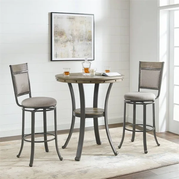 Powell Franklin Wood and Metal 3 Piece Pub Set in Pewter - PCYMX196