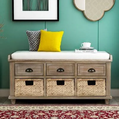 Rustic Storage Bench with 3 Drawers and 3 Rattan Baskets - Shoe Bench with Removable Cushion for Living Room, Entryway (White) Ca