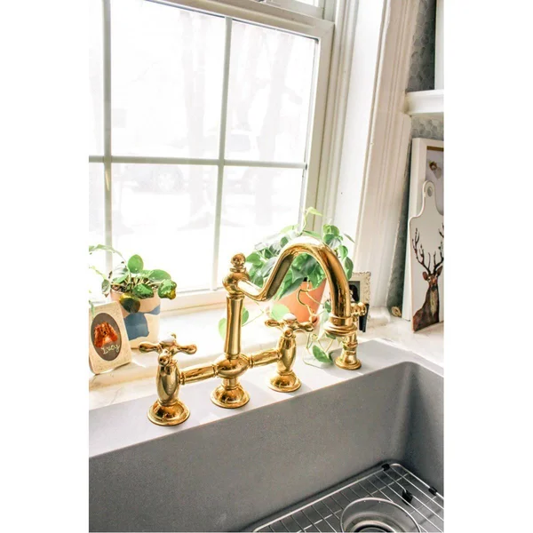 Kingston Brass KS3791AXBS Restoration Bridge Kitchen Faucet with Brass Sprayer - Polished Chrome