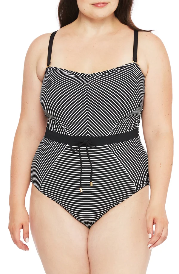 La Blanca Plus Size Pinstripe Bandeau One-Piece Swimsuit, Black/White, Women's, 20W