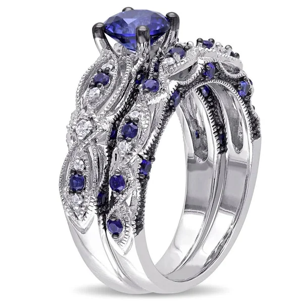 Miadora 10K White Gold Created Blue Sapphire 1/10ct TDW Diamond Vintage Bridal Set - 9