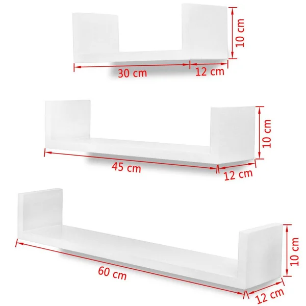 vidaXL 3 Green MDF U-Shaped Floating Wall Display Shelves Book/DVD Storage