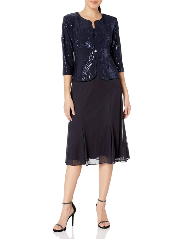 Alex Evenings Plus Size Sequined Chiffon Dress and Jacket - 14W, Navy