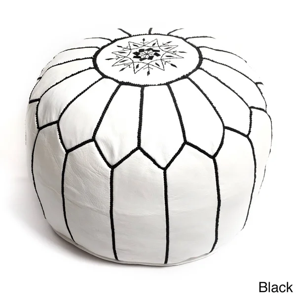 Beldi Nest Moroccan Pouf Leather Ottoman; White/Black