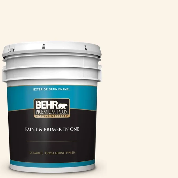 BEHR Premium Plus 5 gal. #W-D-400 Cotton Fluff Satin Enamel Exterior Paint and Primer in One