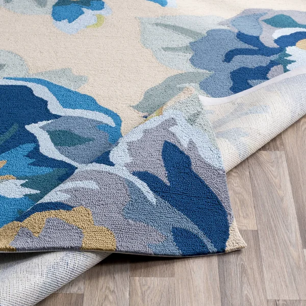 Modern BHS-0057099 Hooked Poly Blue Outdoor Floral Door Mat, 3' x 5'