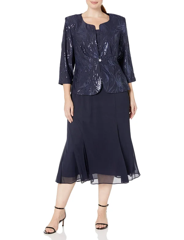 Alex Evenings Plus Size Sequined Chiffon Dress and Jacket - 14W, Navy
