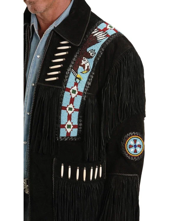 Mens Tobacco or Black Eagle Beaded Premium Suede Leather Western Fring