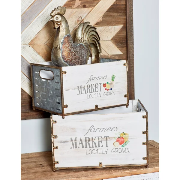 Set of 3 Fir Wood and Iron Market Crate Planters - White
