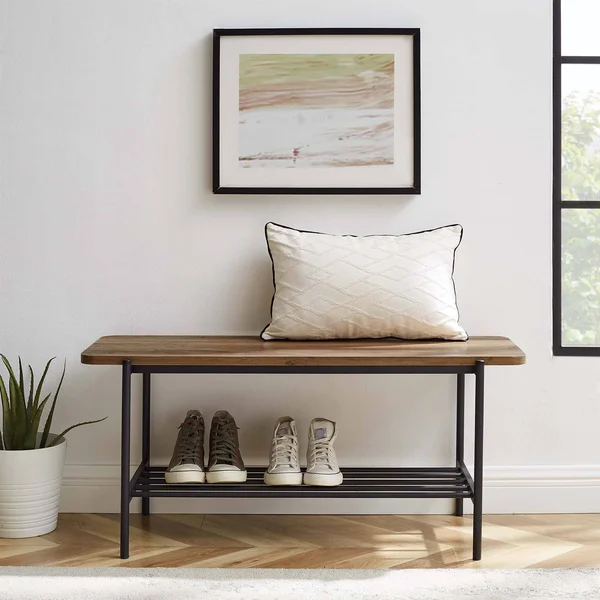 Walker Edison Athena 40 Wood Bench with Metal Shelf