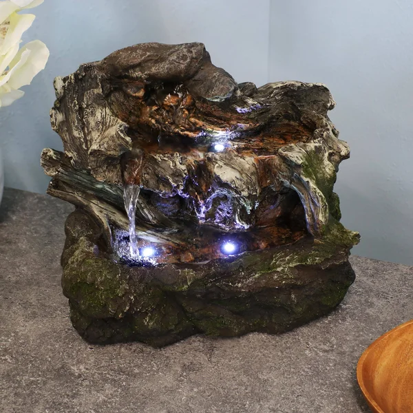 Sunnydaze Aged Tree Trunk Tabletop Fountain with LED Lights - Dark Brown/Cream
