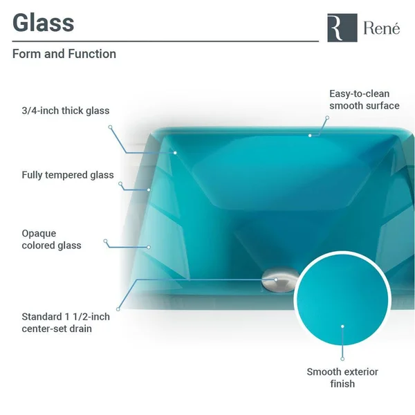 Rene R5-5003-CER-WF 16-1/2x22 Glass Vessel Bathroom Sink with Waterfall Faucet Si Cerulean - Antique