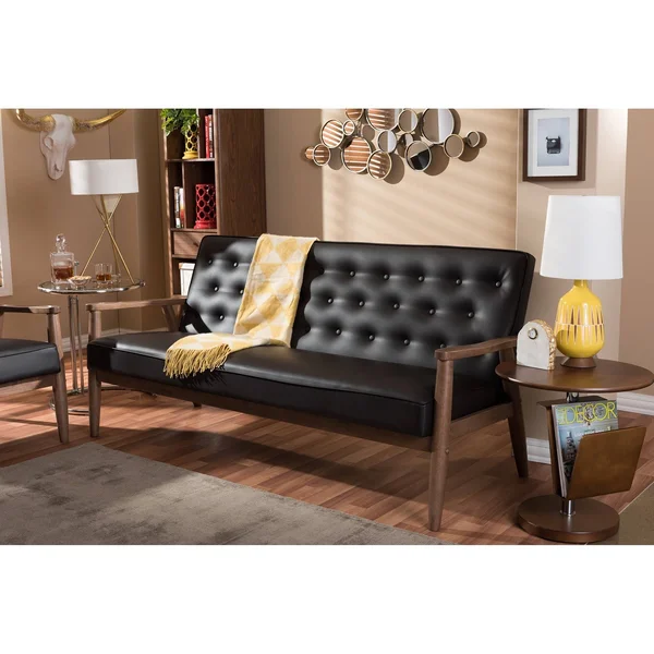 Baxton Studio Sorrento Mid Century Retro Modern Faux Leather Upholstered Wooden 3 Seater Sofa, Dark Brown