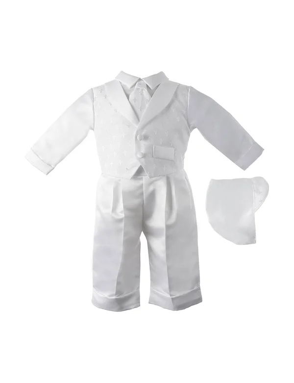 Lauren Madison Baby Boy Christening Baptism Infant Vest Set with Satin Pants - White, 0-3 Months