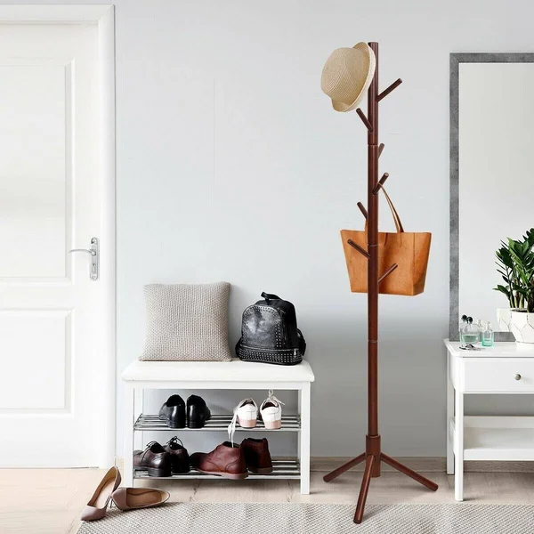 2 Heights Wooden Coat Rack with 8 Hooks-Walnut - Walnut - OneSize