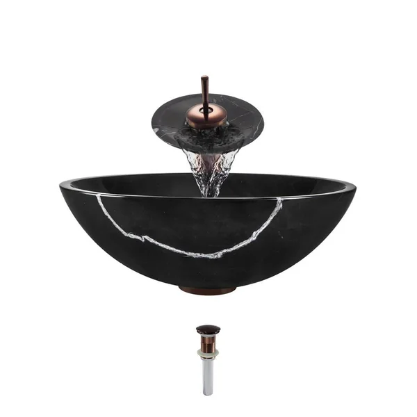 Mr Direct 851 Marble Granite Vessel Sink Ensemble with Oil-Rubbed Bronze Finish Waterfall Faucet - Pop-Up Drain, and Sink Ring