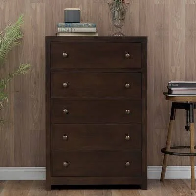 Vintage Aesthetic 5 Drawers Solid Wood Chest in Rich Brown Latitude Run