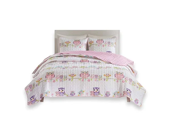Comfort Spaces - Howdy Hoots Kids Bedspread Mini Quilt Set - 3 Piece - Pink White - Teens/Girls - Owl Print - Queen size - Includ