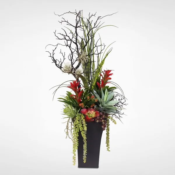 Contemporary Silk Flower Arrangement in Tall Metal Container