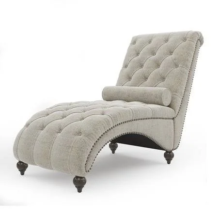 Teofila Tufted Chaise Lounge Chair Leisure Sofa Couch with Bolster Pillow Nailhead Trim and Turned Legs, Beige