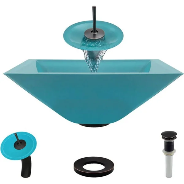 Rene R5-5003-CER-WF 16-1/2x22 Glass Vessel Bathroom Sink with Waterfall Faucet Si Cerulean - Antique
