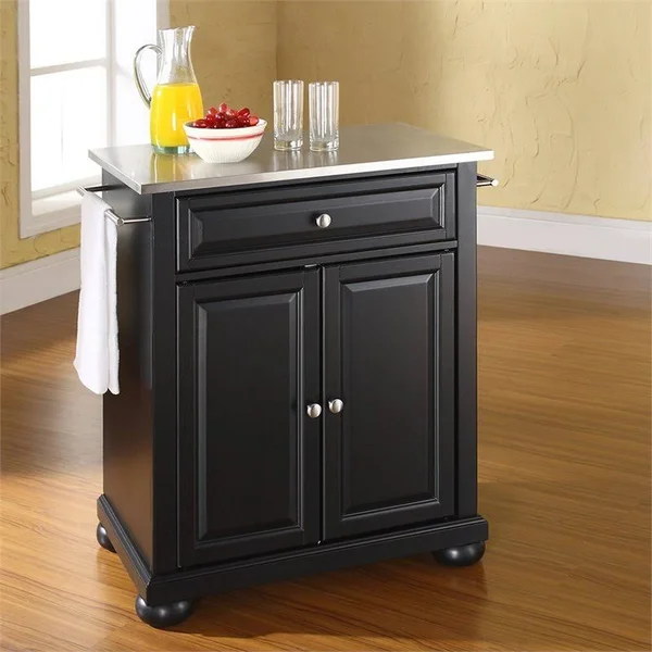 Bowery Hill Stainless Steel Top Kitchen Island in Black - BH-376110