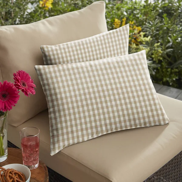 Outdoor Living and Style Set of 2 13x22 x 20x22 Beige and White Checkered Indoor and Outdoor Lumbar Pillows