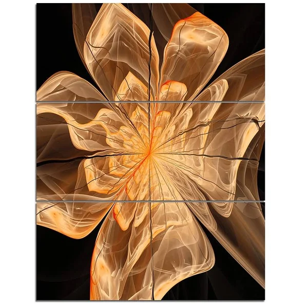 Design Art Light Orange Symmetrical Fractal Flower - 3 Piece Graphic Art on Wrapped Canvas Set - Black