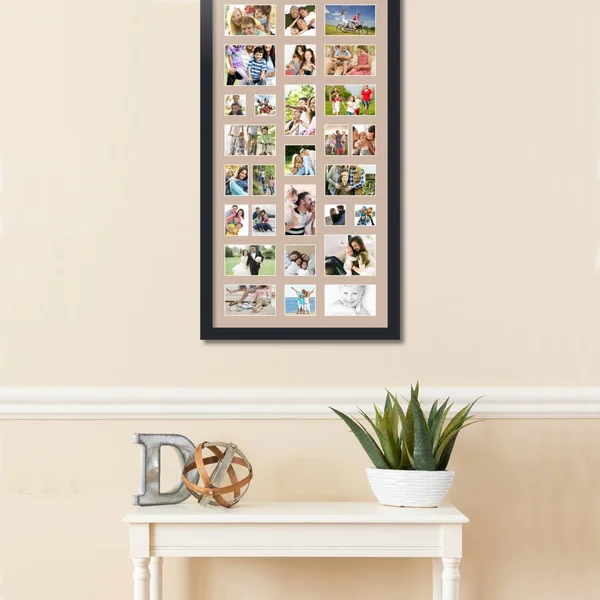 Collage Picture Frame - Satin Black Frame with 28 openings for 4x5 Photos with Grey Beige Mat. D3926DV561, ArtToFrames