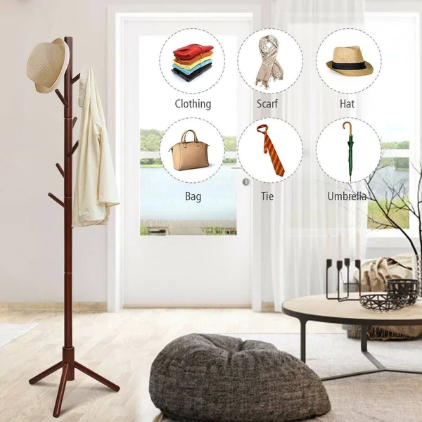 2 Heights Wooden Coat Rack with 8 Hooks-Walnut - Walnut - OneSize