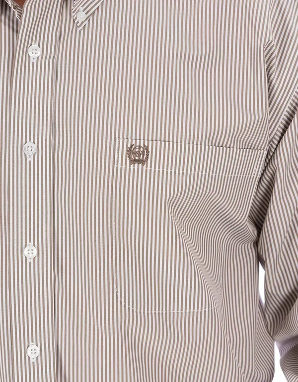 Cinch Men's Long Sleeve Stripe Button Down Shirt - Khaki - XXL
