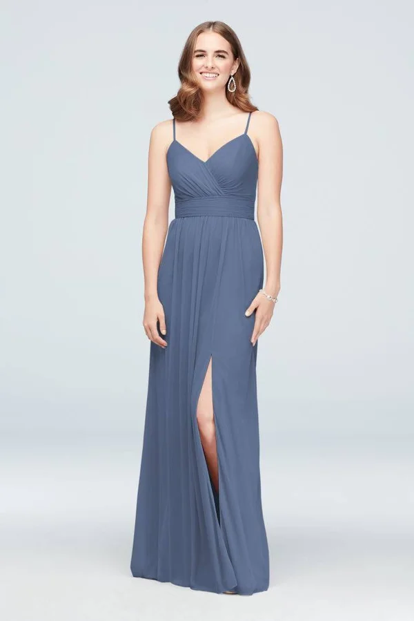 Spaghetti Strap Ruched Waist Mesh Bridesmaid Dress - Steel Blue - 26