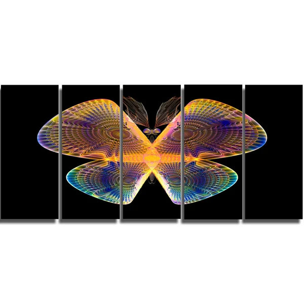 Design Art 'Blue Yellow Fractal Butterfly in Dark' Graphic Art on Wrapped Canvas - Size: 28 inch H x 60 inch W x 1.5 inch D